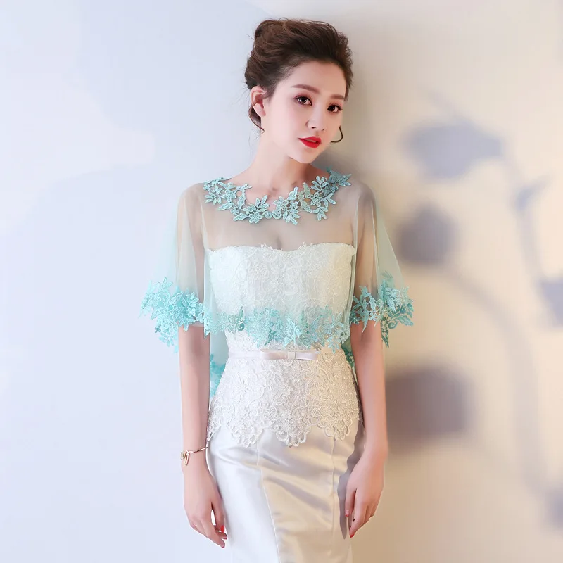 blue green Модная красная Свадебная накидка с кружевами и цветочным узором, Короткое свадебное болеро, накидка из тюля для невесты, накидка на плечи - Цвет: blue green