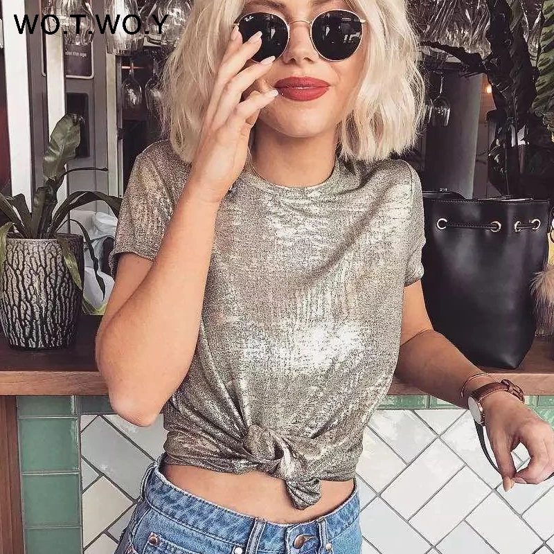 Женская футболка с люрексом WOTWOY серебристая трикотажная коротким рукавом и о