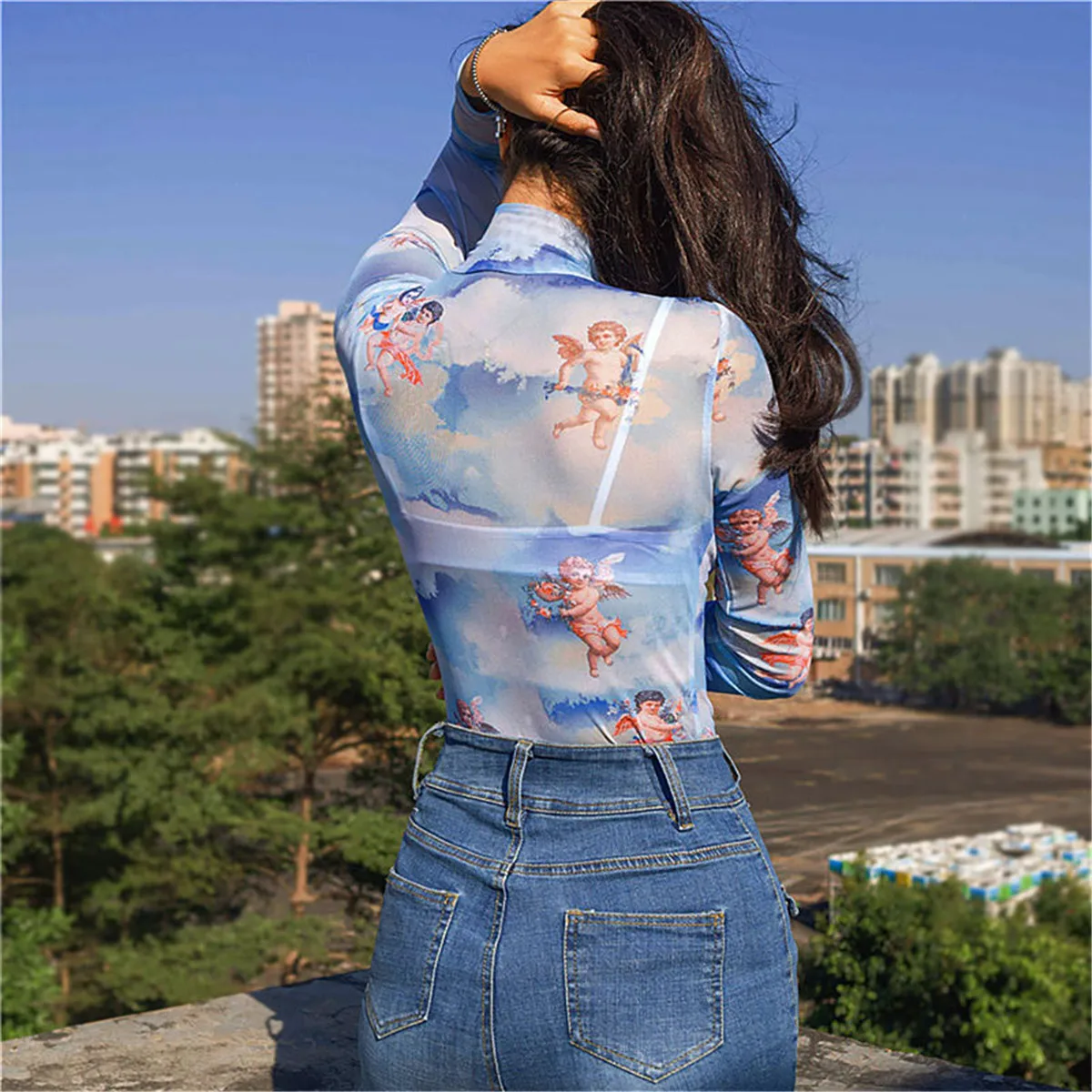 Женская женственная сетчатая Прозрачная Боди Топ Boho Цветочный комбинезон тонкий высокий воротник прозрачный длинный рукав Облегающий комбинезон боди