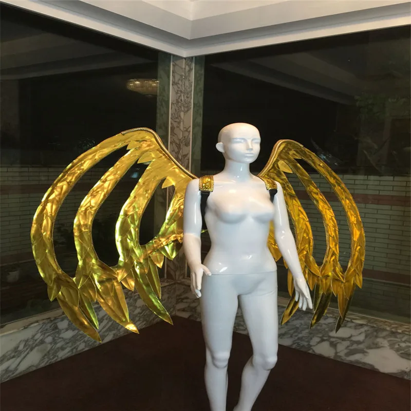 

S70B Women sexy stage wears backplan ballroom dancer costumes dj wings gold bodysuit mirrors dress cloth performance show disco