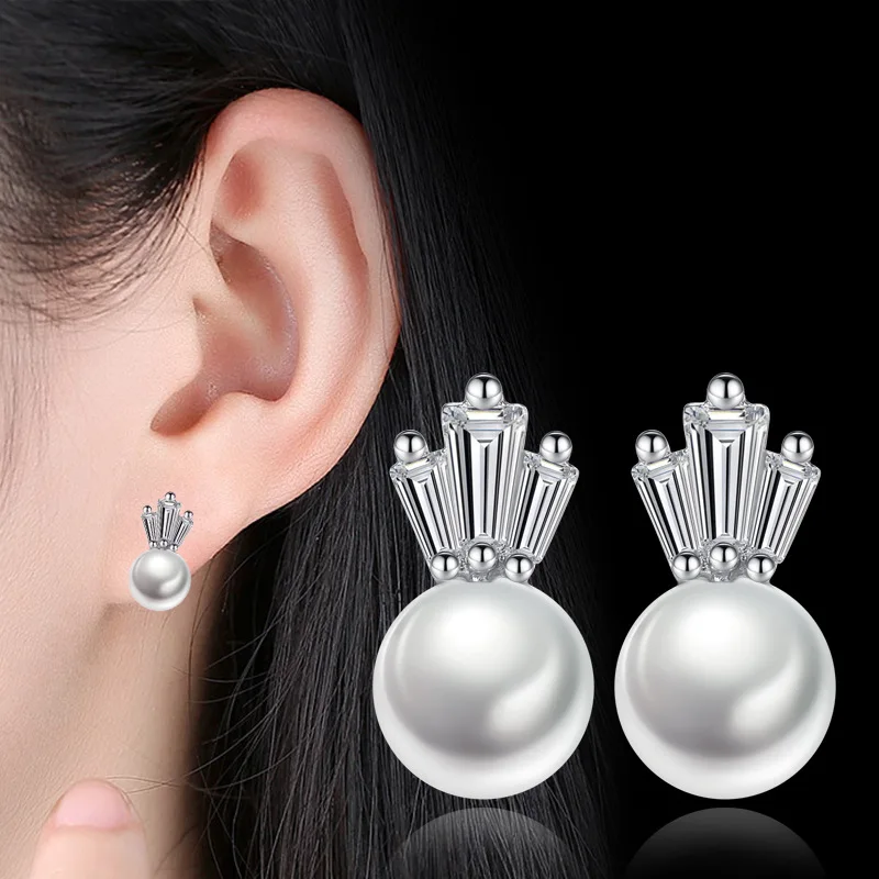 

100% 925 sterling silver fashion shiny crystal pearl ladies`stud earrings jewelry women birthday gift drop shipping