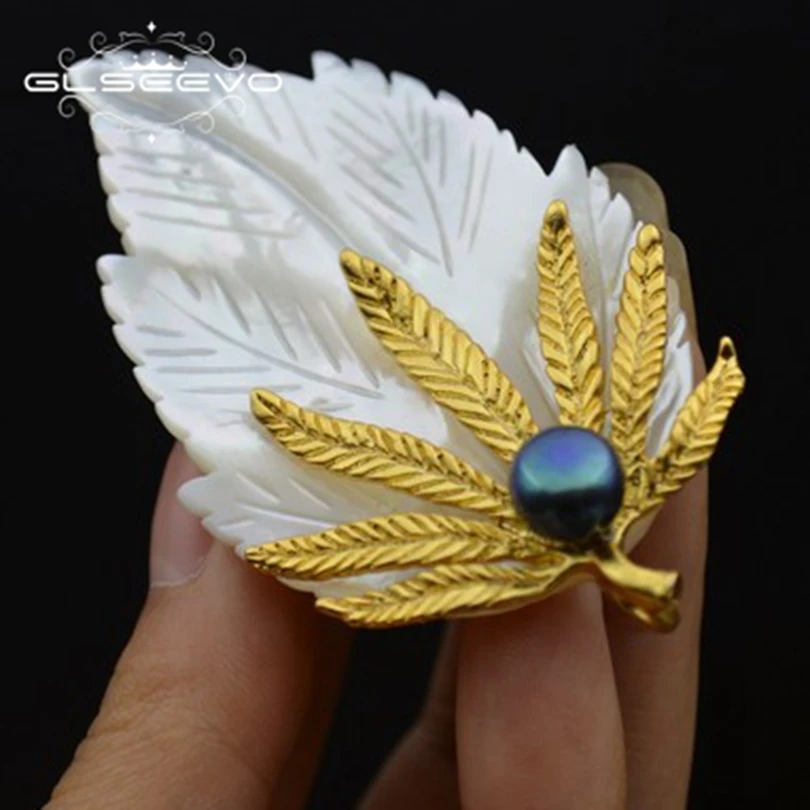 GLSEEVO Natural Fresh Water Black Pearl Brooch Pins Mother Of Leaf Brooches For Women Dual Use Luxury Fine Jewelry GO0274 | Украшения и
