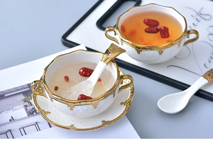 Керамические Золотые кофейные чашки и блюдца с ложкой фарфоровые домашние миски для еды английские элегантные золотые инкрустационные суповые миски подарки