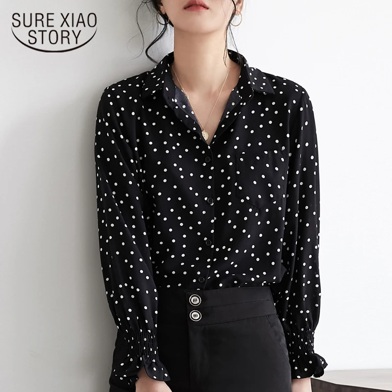 Модные женские блузки 2019 в горошек шифоновая блузка рубашка с длинным рукавом
