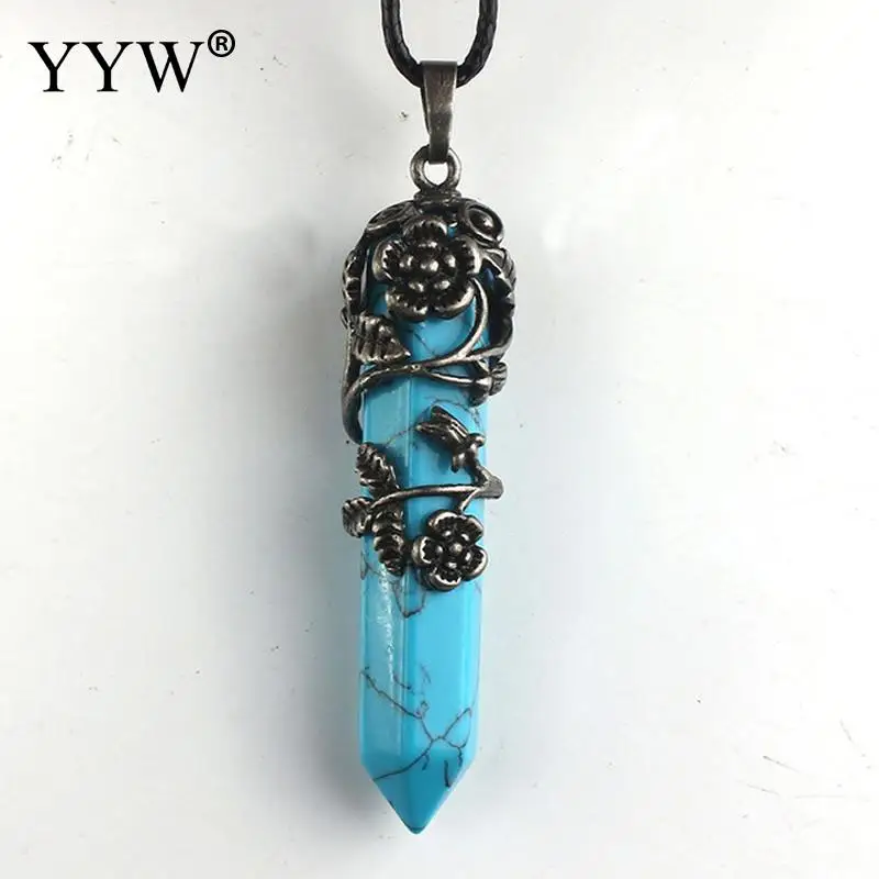 blue turquoise Натуральный драгоценный камень цветок сливы намотка шестиугольная Призма Фиолетовый Кристалл авантюрин Опалит исцеляющий кулон для ожерелья ювелирные изделия - Окраска металла: blue turquoise