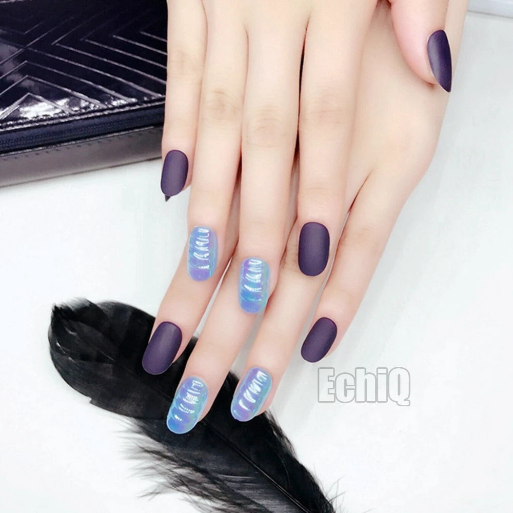 Темно фиолетовые акриловые ногти дизайн раковины моллюсков короткое полное