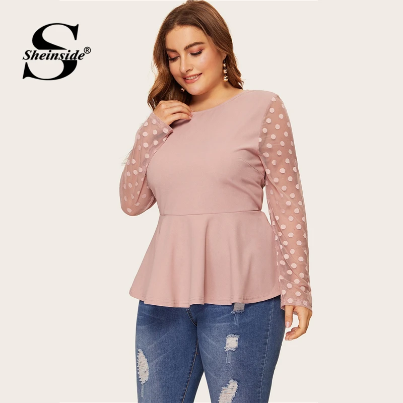 Sheinside размера плюс элегантная блуза в горошек с сетчатыми рукавами для женщин Весна с рюшами свободные к низу блузки для девушек Сплошной вырез сзади Топ
