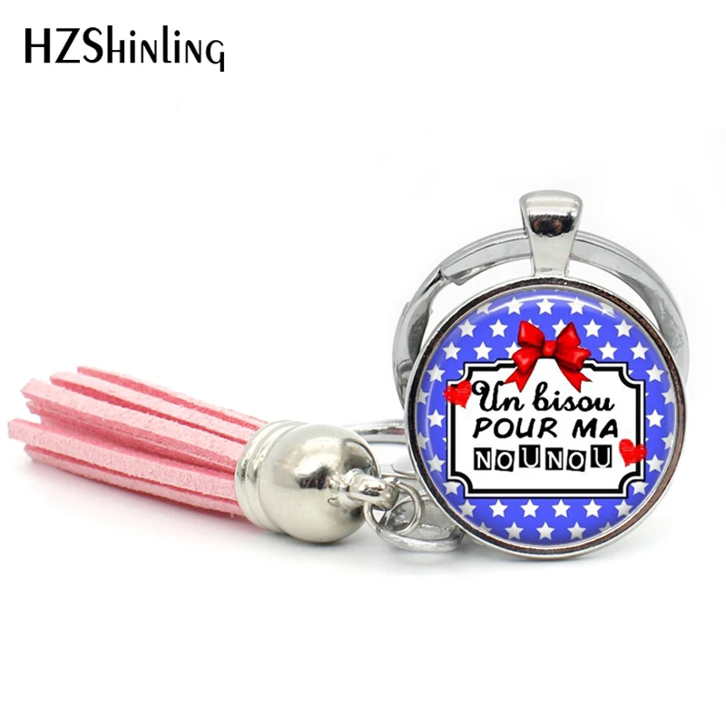 TAK--114 Wholesale Un lisou Pour Ma Nounou Tassel Keyring Handmade Super NOUNOU key ring Glass Dome Key chains for women | Украшения и