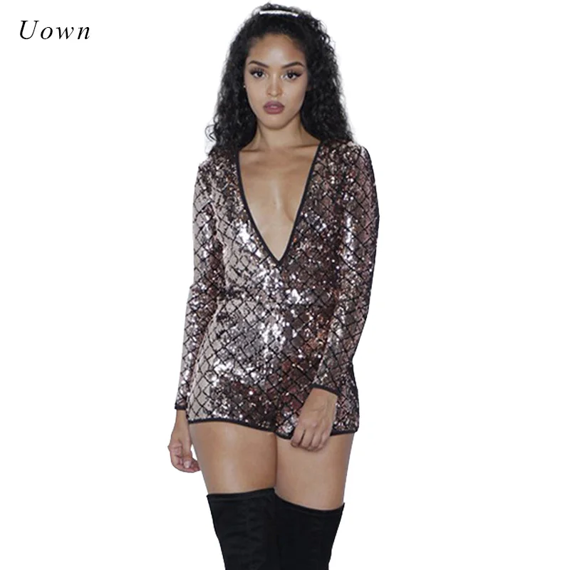 Женский комбинезон с длинным рукавом и открытой спиной блестящий глубоким v