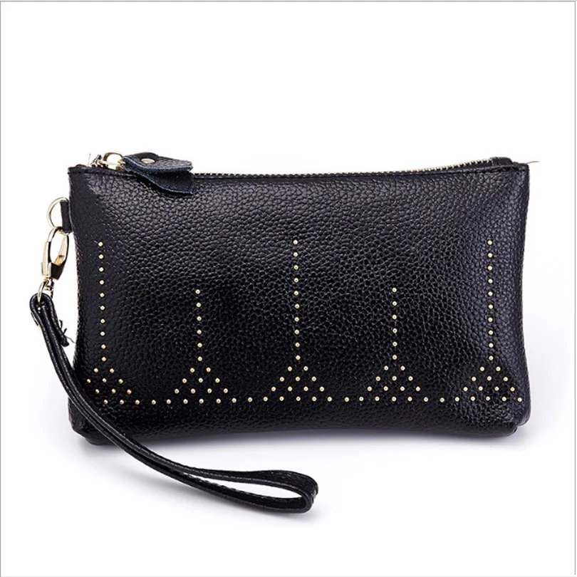 Последняя кожа Сумочка Модные маленькие заклепки сплошной цвет обувь на молнии