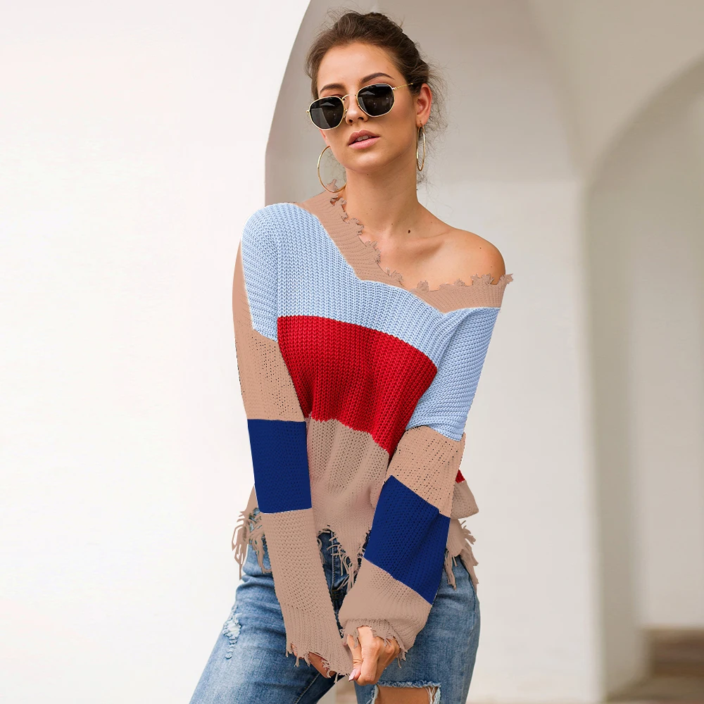Rainbow Sweater Women Ripped V Neck Pullover and Sweater Long Sleeve Striped Autumn Knit Sweater