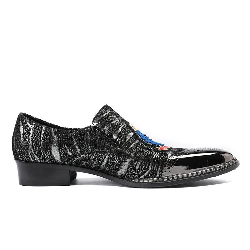 British Style Genuine Leather Men Shoes Slip On Mens Black Brand Dress Loafers Metal Pointed Toe Printed Moccasins | Обувь