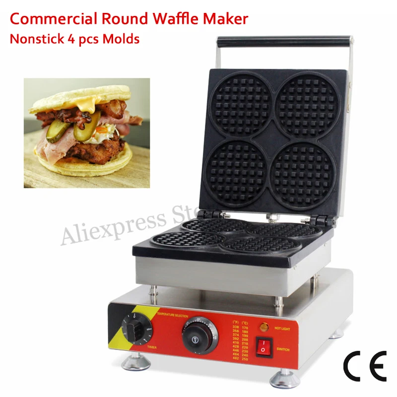 

4 Molds Round-shape Waffle Maker Commercial Cake Burger Machine 110V 220V 1500W Snack Street