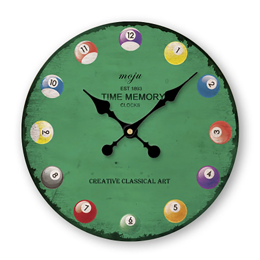 Art Billiard Green Vintage Clock Creative Children Wood Digital Wooden Retro Wall Modern Design Zegary Clocks Watch | Дом и сад