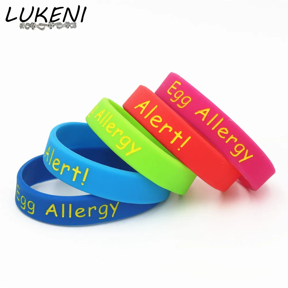 

LUKENI 5PCS Medical Alert Egg Allergy Silicone Wristband Kids Size Blue Green Red Pink Armband kids Braceets&Bangles Gifts SH204