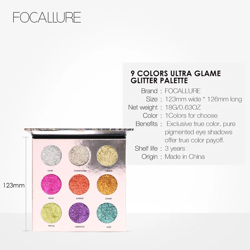 FOCALLURE, профессиональная палитра теней для век, 9 цветов, тени для век, яркие блестки для макияжа губ, блестящая Палитра для лица