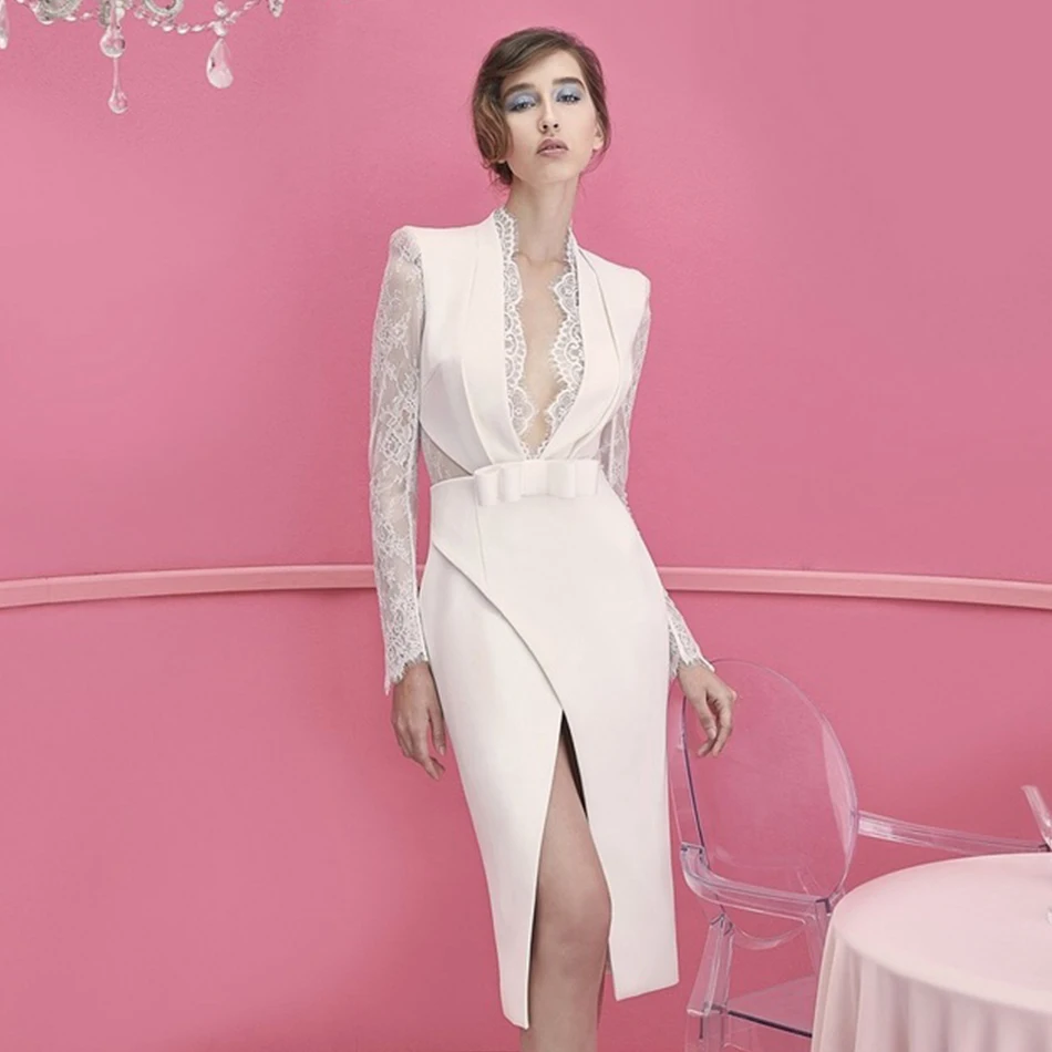DressBird осеннее облегающее платье с длинным рукавом сексуальное элегантное белое
