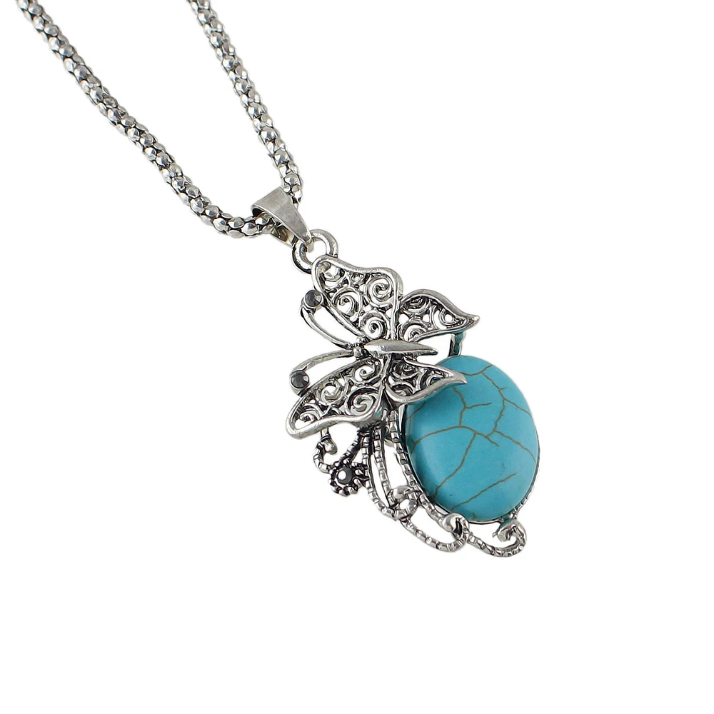 Joywish Vintage Style Ethnic Jewelry set Antique Silver Color with Blue Stone Butterfly Pendant Necklace and Drop Earrings|ethnic jewelry set|jewelry
