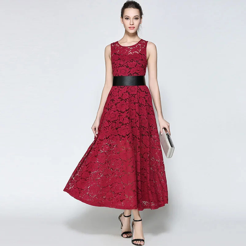 SMSF 2018 летнее женское кружевное Открытое платье красное свободное без рукавов