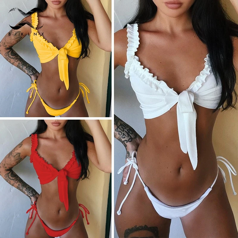 Bikinx ребристый микро купальник с узлом пуш ап экстремальное бикини 2019 желтый