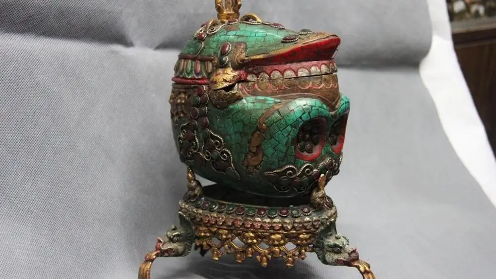 10 Tibet Buddhism Copper Bronze Gilt inlay turquoise Ruby beryl kapala skull cup | Дом и сад