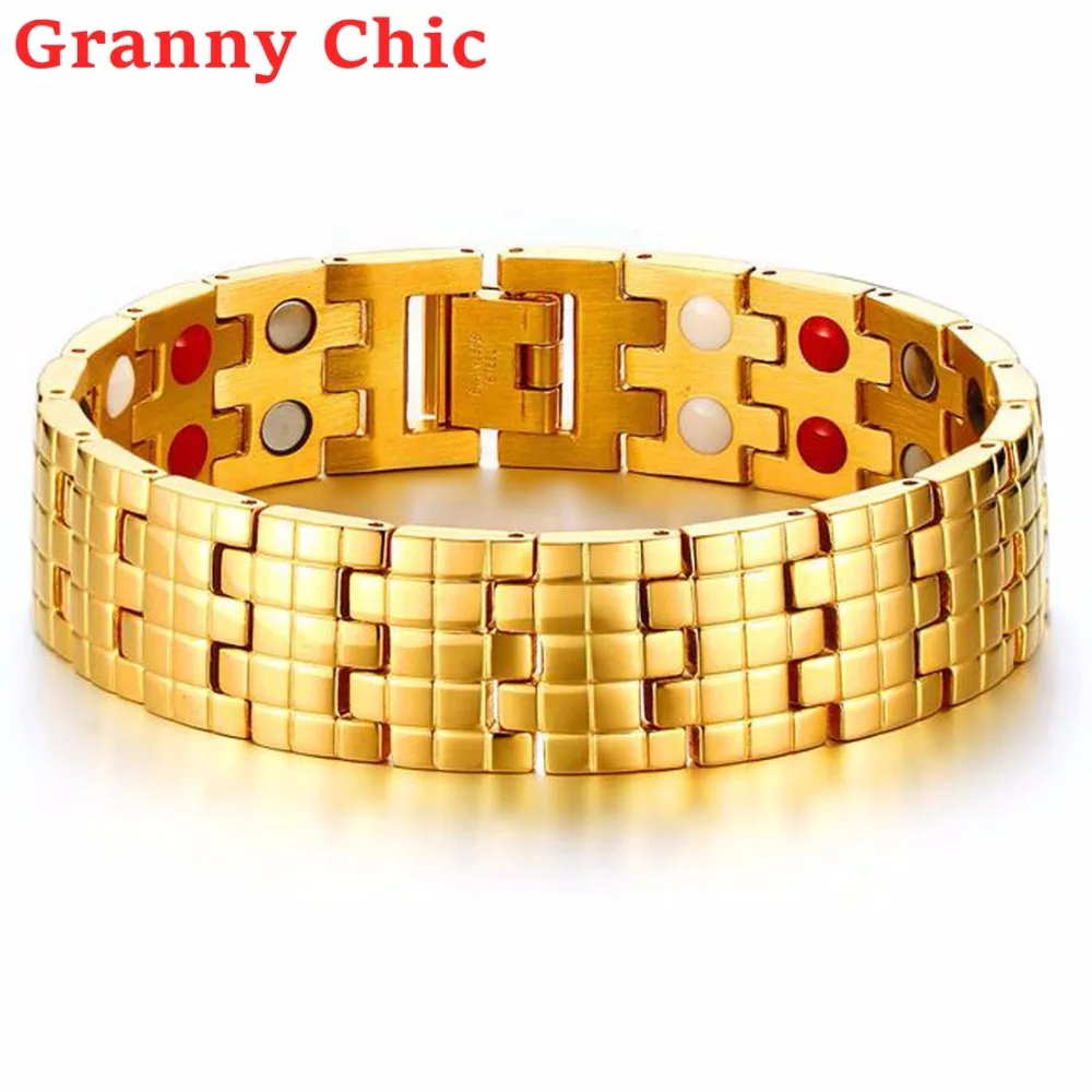

Браслет Granny Chic из нержавеющей стали, изящный Магнитный медицинский браслет с 2 рядами, ювелирное изделие золотого цвета для лечения артрита