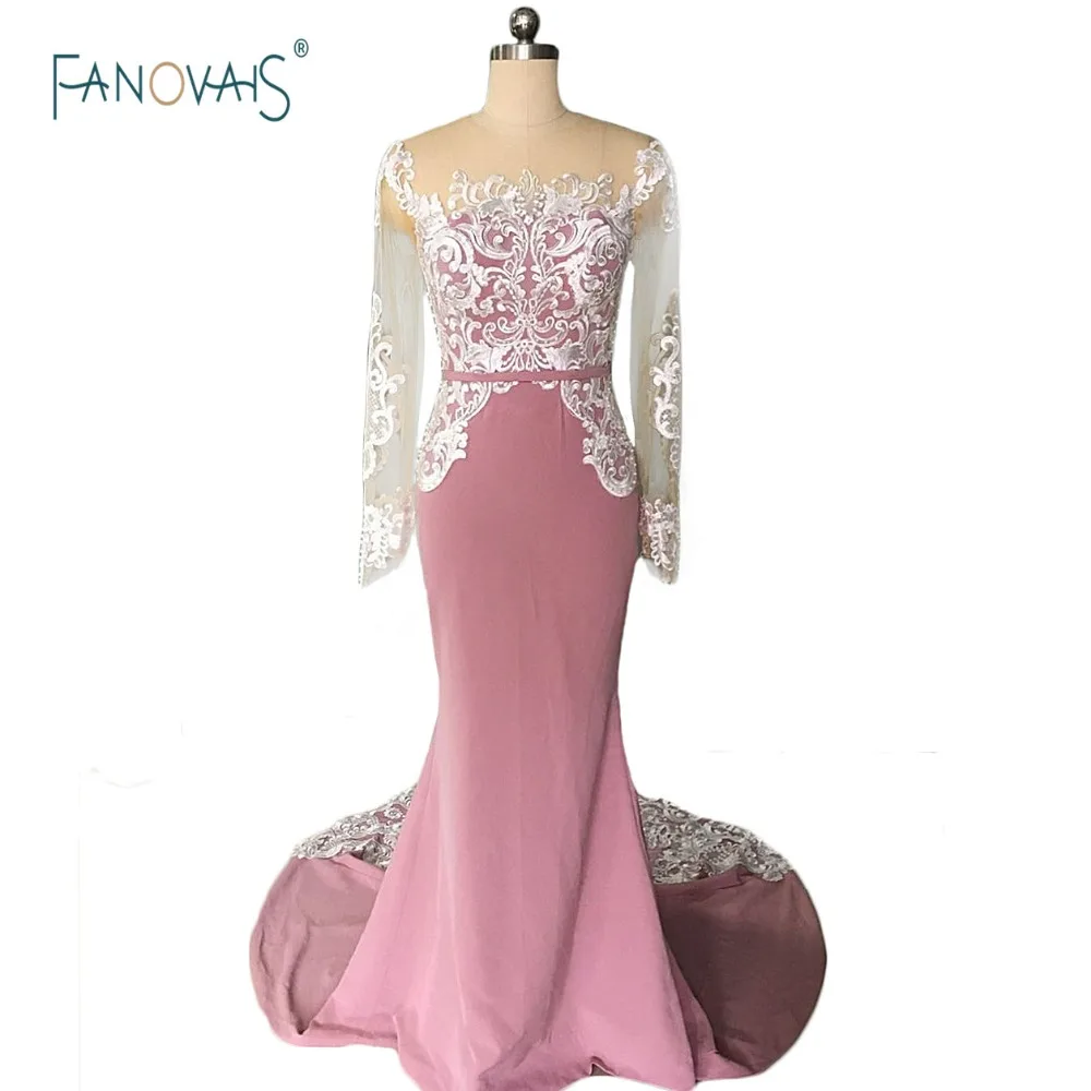 

Fashion 2019 Mermaid Evening Dresses Long Sleeves Mauve Prom Dress Lace Applique Beaded Prom Party Dress Vestido de Fiesta Ido20