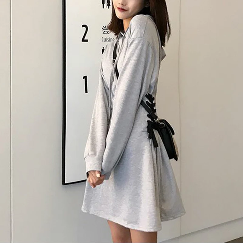 PERHAPS U black gray solid long sleeve hooded A-line dress lacing bow mini short high street women D0959 | Женская одежда