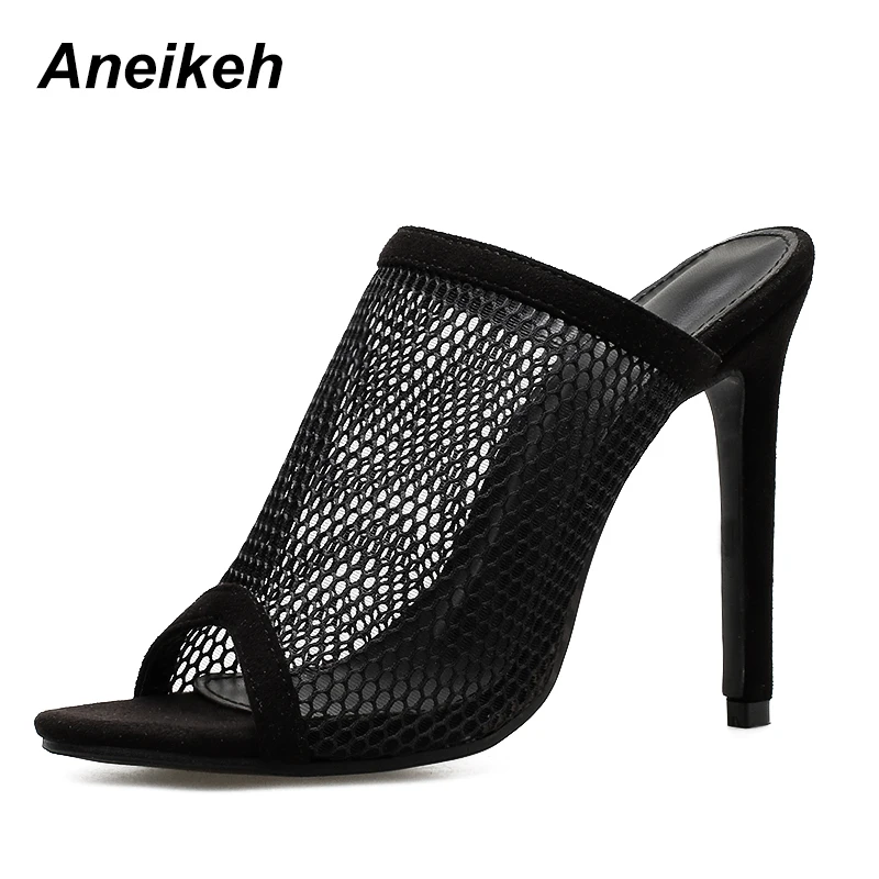 Aneikeh/Летние Босоножки с открытым носком; женские шлепанцы без задника; сетчатые туфли на высоком каблуке с вырезами; повседневные Клубные ботинки черного цвета