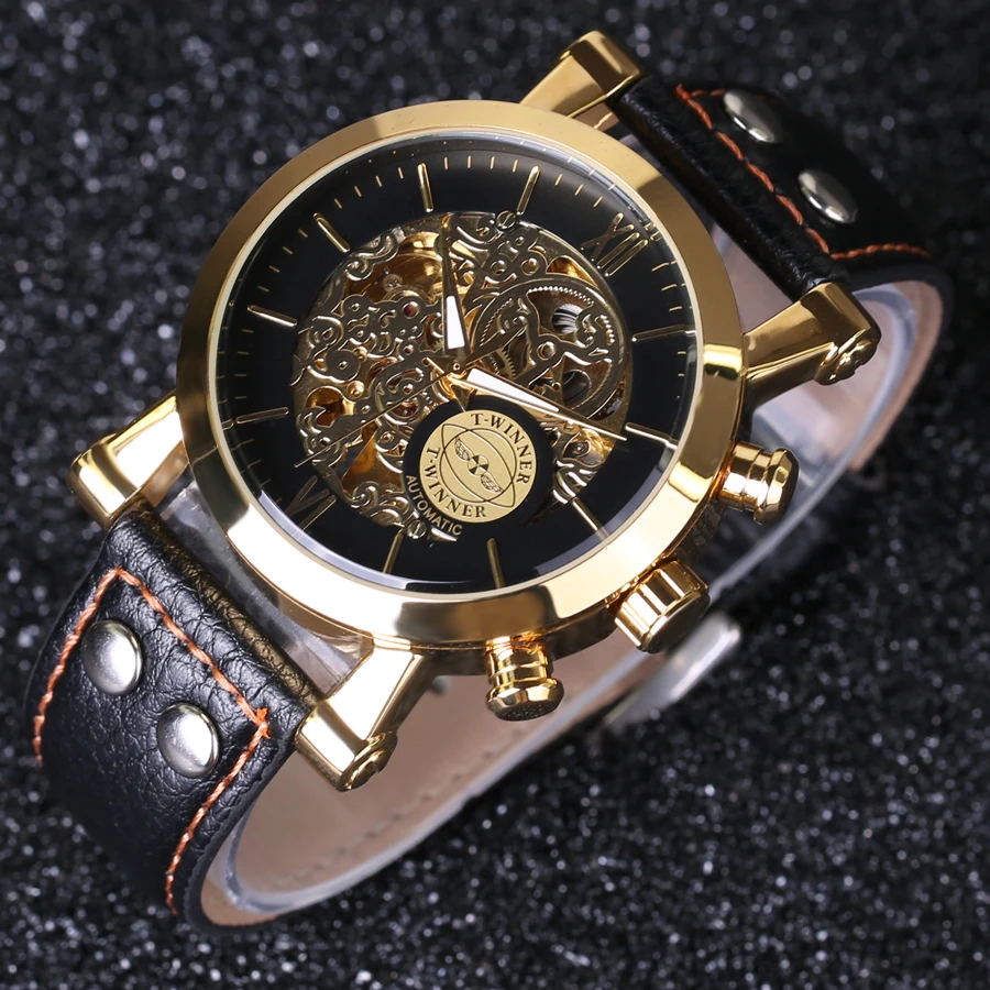 Часы наручные Winner Мужские автоматические брендовые Роскошные модные золотистые