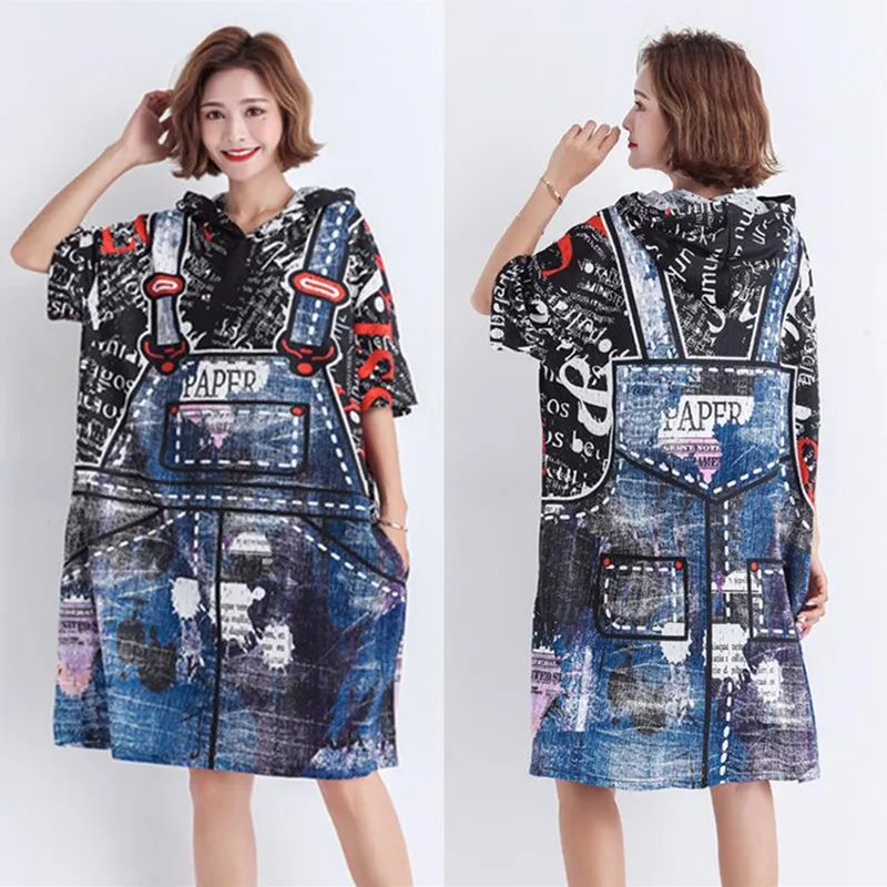 2019 летнее новое платье большого размера женское длинное свободное с капюшоном и