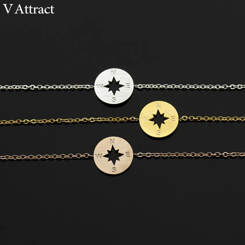 V Attract Vintage Compass Charm Bracelet Gold Silver Stainless Steel Chain Simple Geometric Round Pulseira Women Men Jewelry|charm bracelet|bracelet