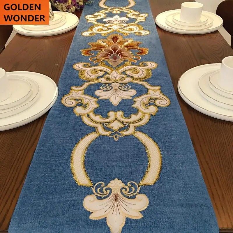Современный простой синель Вышивка Роскошный настольный бегун синий стол бегуны