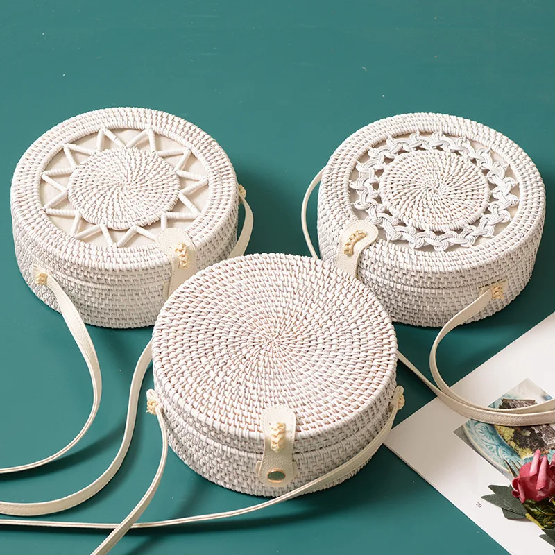 

2019 New White Round Rattan Bags For Women Bali Boho Beach Crossbody Bag Handmade Vine Woven Circle Shoulder Bag Female Handbags