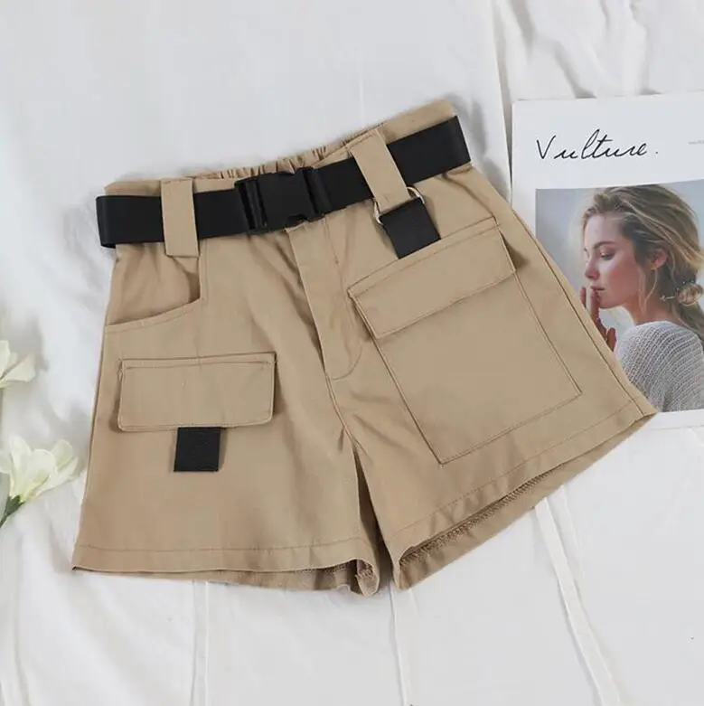 Хаки Women Casual Denim Shorts Summer High Waist Women's Sports Shorts Big Pocket Cargo Shorts Women With Belt - Цвет: Хаки