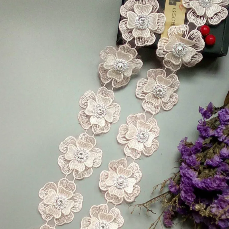 

10 x Pink Heart Flower Diamond Lace Trim 5X5cm Wide (3cm) Bridal Wedding Dress Ribbon Embroidered Applique Sewing Craft New