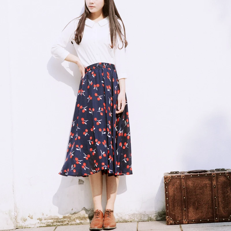 

Womens Customize Cherry Print chiffon skirts Ladies Casual Elastic waist A Line Retro skirt