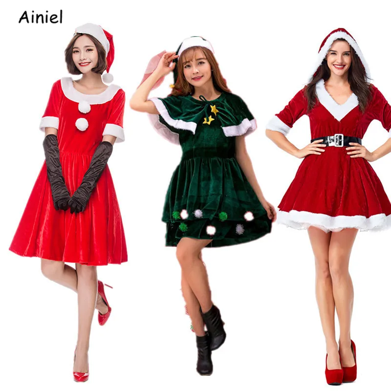 

Рождественские платья, шапка Санта Клауса, женские перчатки, женская красная одежда, шапочки с коротким рукавом, вечерние костюмы для костю...