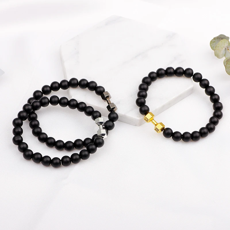 National Wind Black Matte Stone Beads Fit Life Dumbbell Bracelets Fitness Alloy Metal Barbell &amp Gym Bracelet | Украшения и