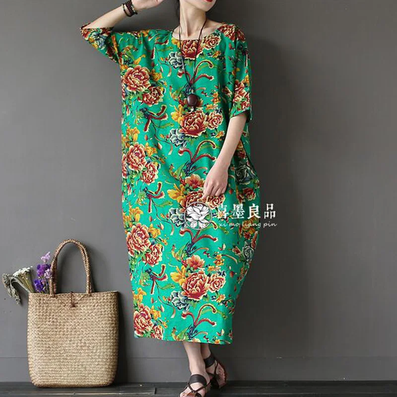Женское льняное платье с цветочным принтом Свободное длинное в китайском стиле
