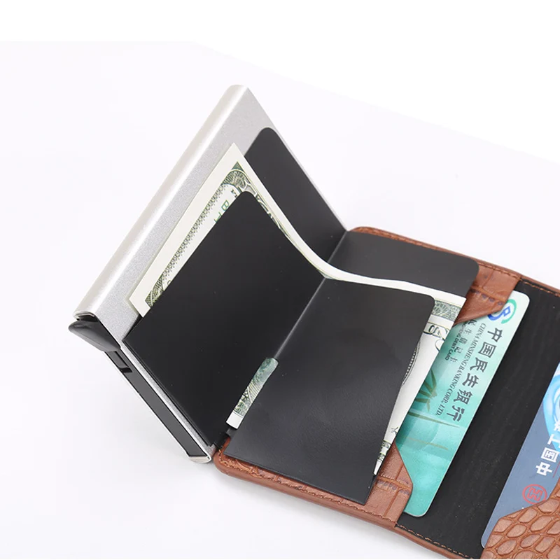 Новая мода мужской кожаный кредитный держатель для карт блокирующий RFID Алюминиевый Чехол для карт женский тонкий металлический короткий кошелек для мужчин