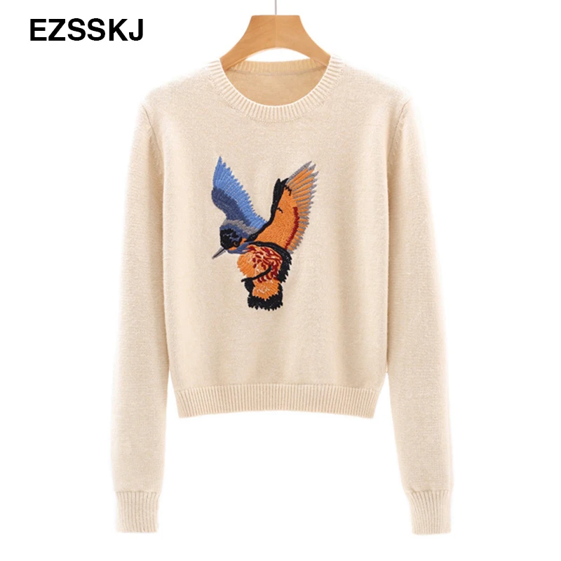 2017 Осень Зима укороченный свитер женский птица вышивка короткий Пуловеры с