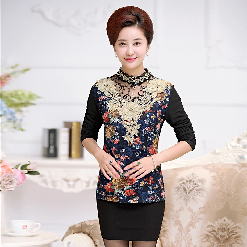 2018 Big middle age women lace sweaters plus size embroidery floral chiffon knitting sweater shirts Basic Pullovers tricot WP134 | Женская