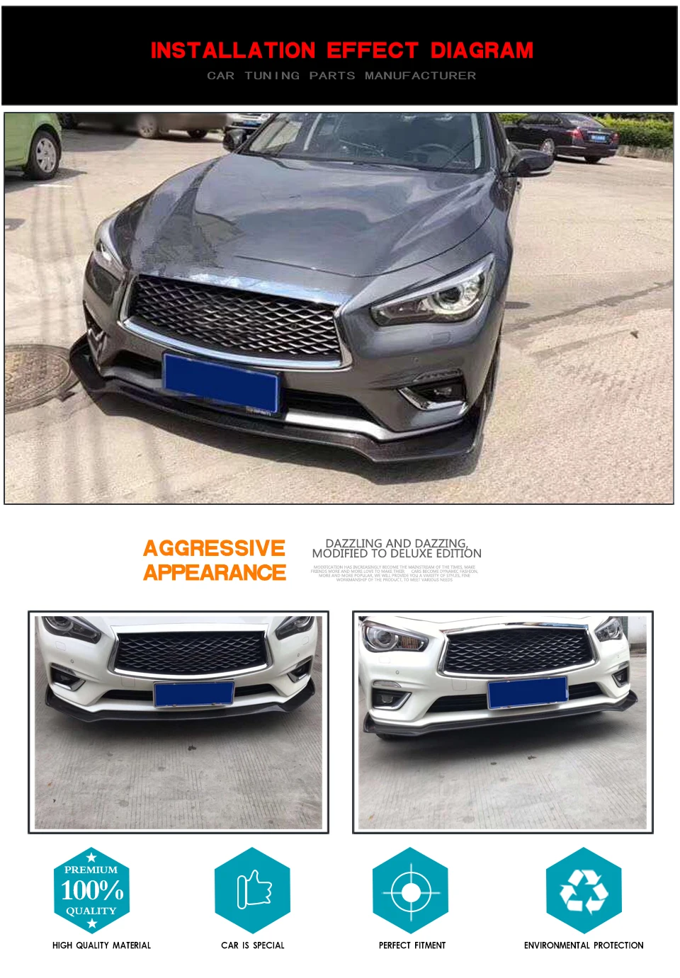 Для Infiniti Q50 база седан 4 двери только углеродного волокна передний спойлер сплиттер на бампер фартук