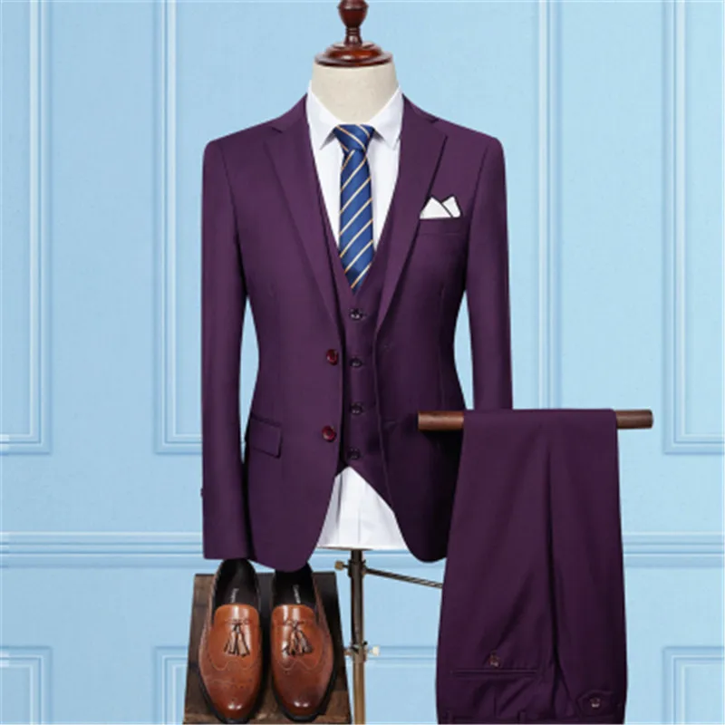 3 pieces sets purple Пиджак, брюки, жилет/ Модные мужские деловые костюмы, комплект из трех предметов/мужской свадебный костюм, блейзеры, пальто, брюки, жилет - Цвет: 3 pieces sets purple