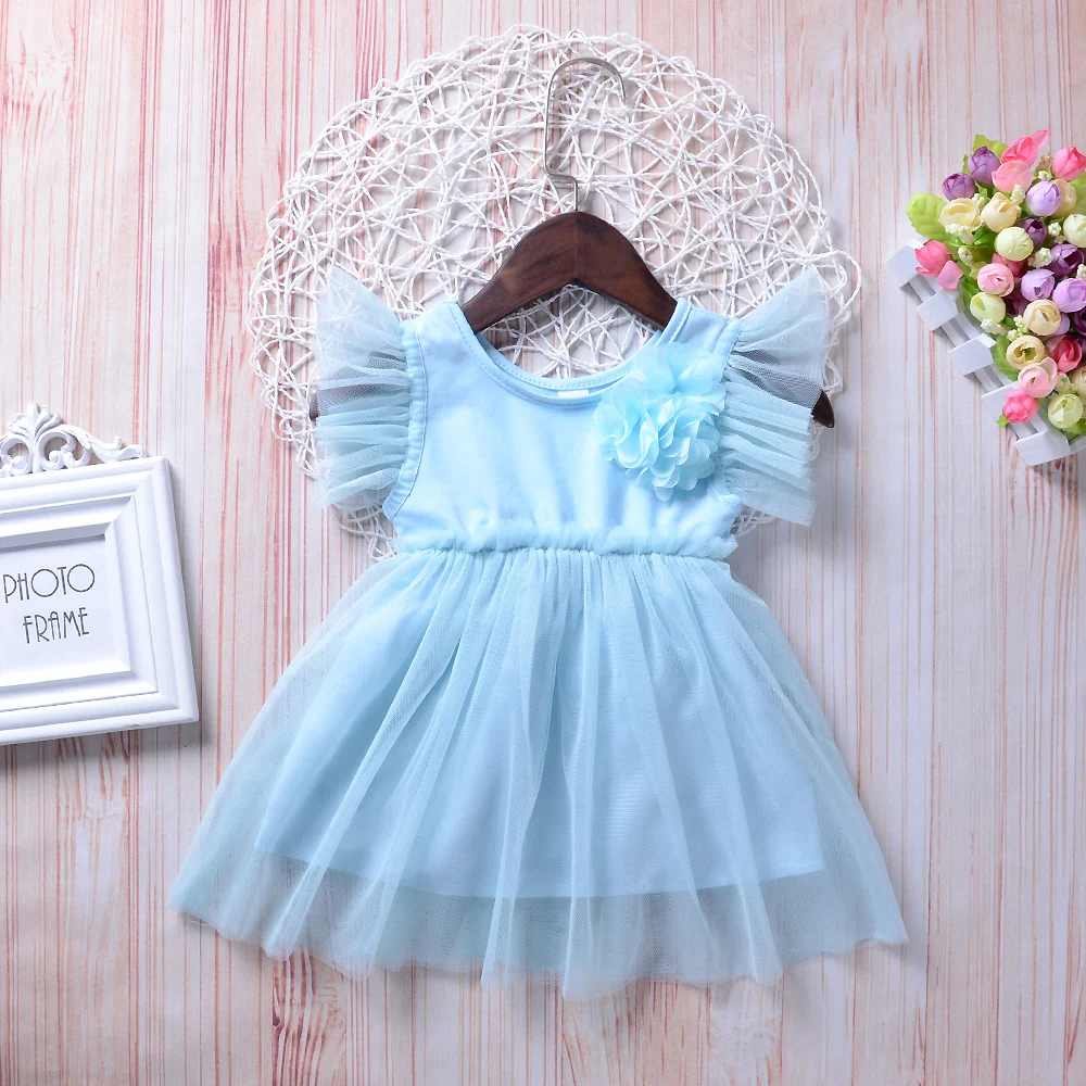 

Infant Baby Clothes Solid Sky Blue Tutu Dress Batwing Sleeve Lace Big Floral Girls Dress Bebe Kids Casual Clothes