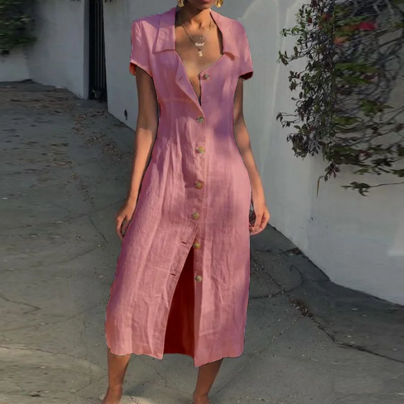 ELSVIOS Vestido Women's Solid Short Sleeve Casual Loose V-Neck Button Split Hem Long Dress Spring Summer Women Shirt Dresses 3XL | Женская