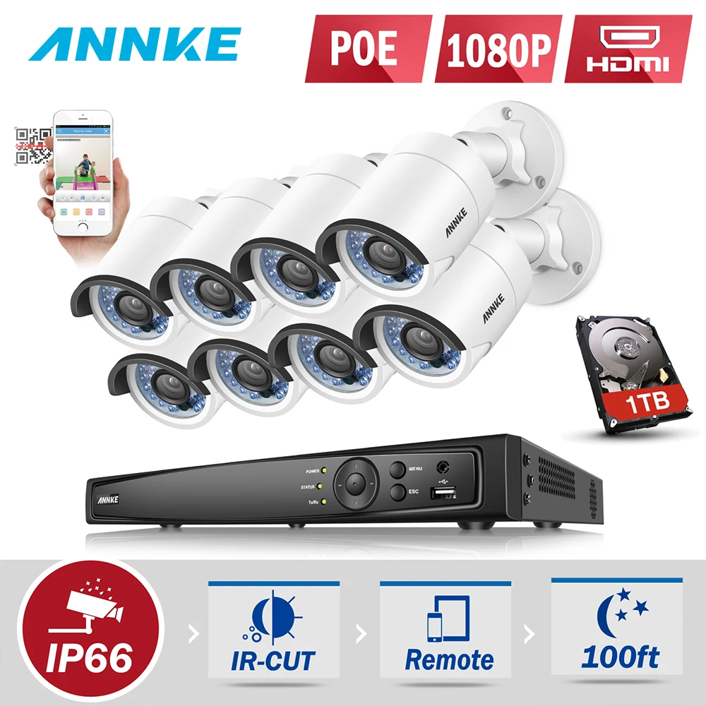 ANNKE 1080P POE Surveillance Camera System 8CH 6MP Security NVR With 8PCS 2MP CCTV Outdoor Weatherproof H.264+ Onvif P2P | Безопасность