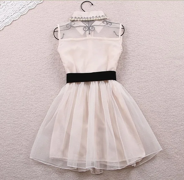 Free Bow Belt Spring Summer 2016 New Fashion Sweet Pearl Diamond Lapel Waist Sleeveless Tank Vest Dress Gauze Tutu Black Beige | Женская