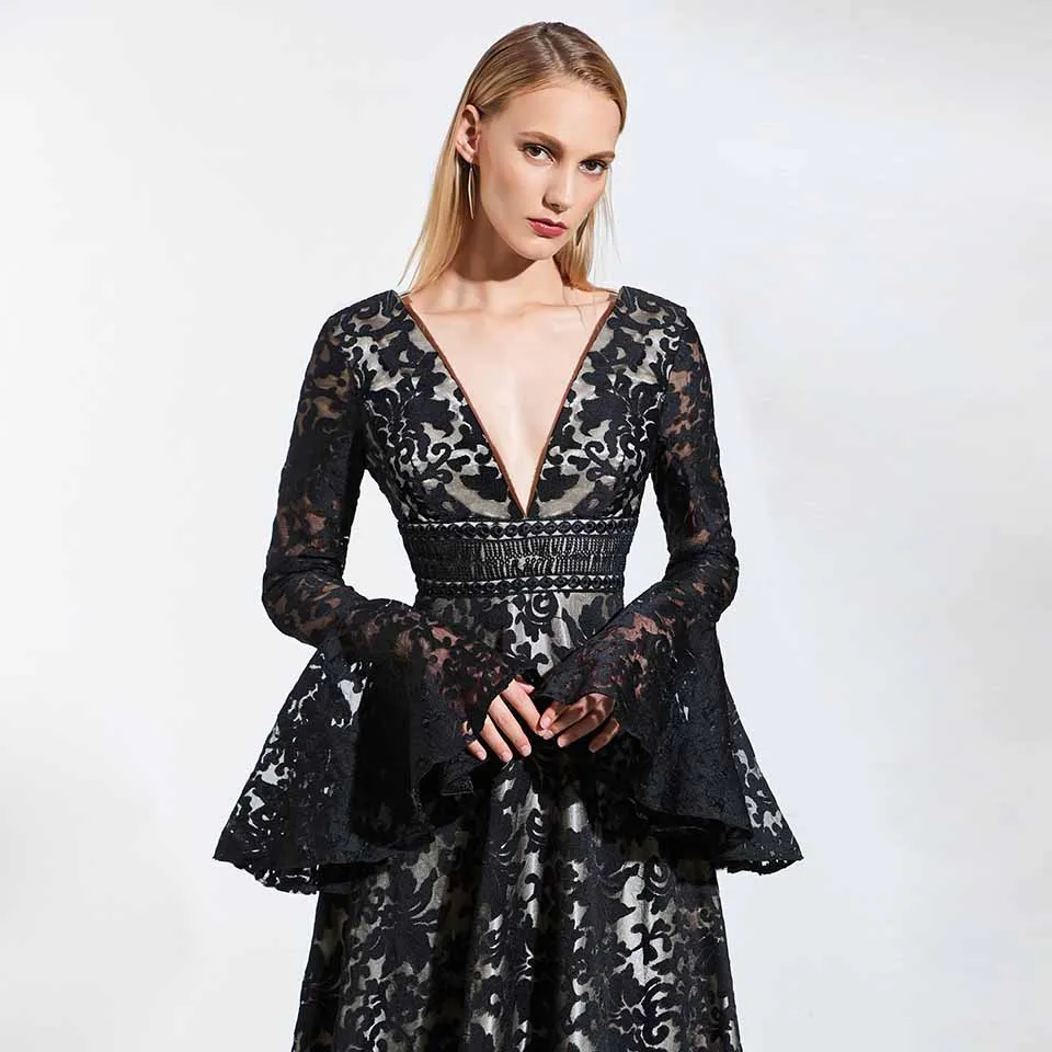 Dressv черное кружевное вечернее платье с v-образным вырезом и длинными рукавами, с открытой спиной, длина до пола, свадебное вечернее платье трапециевидной формы, вечернее платье es